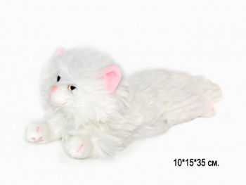 им Кошка арт. 12296-209 Белая лохматая розовые уши лежит 35 см в пак.