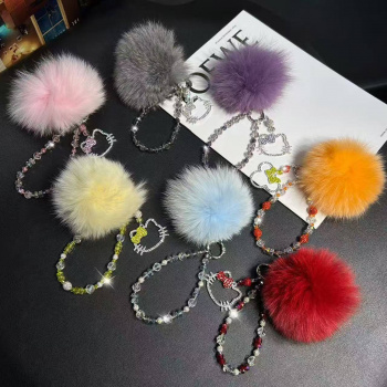 Брелок-подвеска арт. 209386 Кошка в стразах и меховой шарик 1 шт цвета микс в пак.